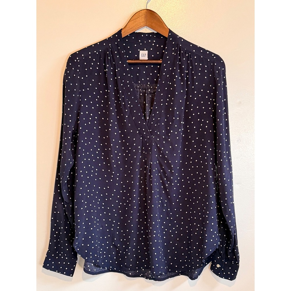 Gap V-Neck Tunic Women Size M Navy Blue Good Polka Dot Long Sleeve Blouse